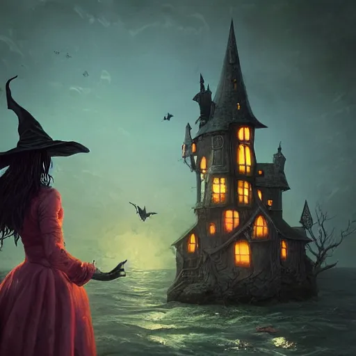 Image similar to a realistic scary witch in front of a witch house which is made out of candy, floating on the ocean, epic scene, fantasy, cinematic, hyper - detailed, in the style of greg rutkowski