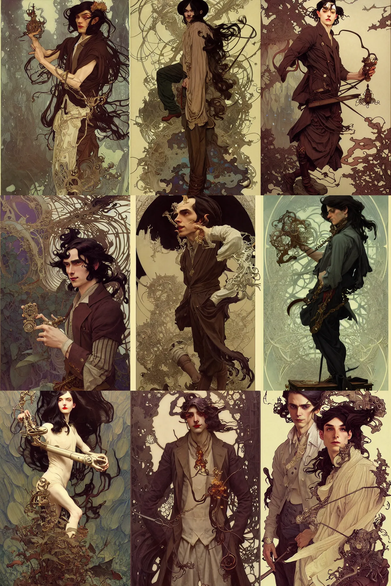 Prompt: thin male alchemist, long dark hair, 1 9 2 0 s fashion, fantasy, highly detailed, intricate, smooth, art by joseph leyendecker, peter mohrbacher, ruan jia, marc simonetti, ayami kojima, cedric peyravernay, alphonse mucha, victo ngai