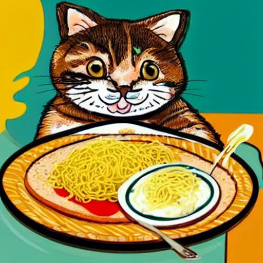 Image similar to cute fat cat sitting in behind a plate of indomie mi goreng noodles on toast, photo realistic