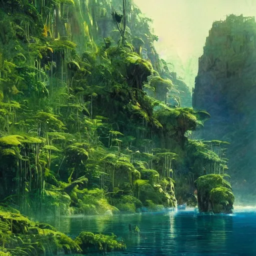Image similar to detailed illustration of a lush natural scene on an alien planet by john berkey. beautiful landscape. weird vegetation. cliffs and water.