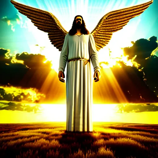 Image similar to gigantic biblical depiction of an angel towering over a vast landscape, cinematic, realistic, geometric white marble body, photorealistic, detailed, gold sky, global illumination, volumetric lighting, god rays, beautiful composition, majestic clouds, soft colors, heavenly lighting