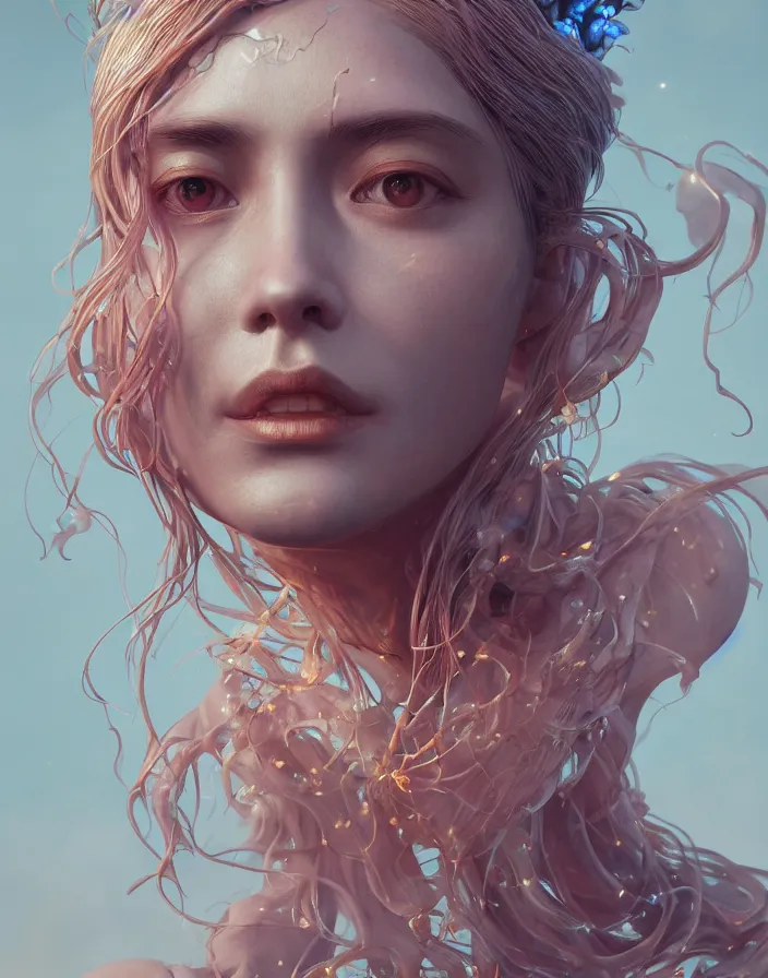 Image similar to goddess portrait. jellyfish phoenix head. intricate artwork by Tooth Wu and wlop and beeple. octane render, trending on artstation, greg rutkowski very coherent symmetrical artwork. cinematic, hyper realism, high detail, octane render, 8k