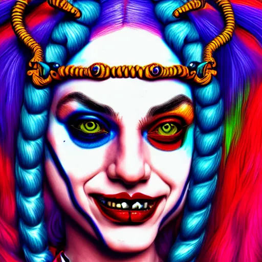 Prompt: an extremely psychedelic portrait of harley quinn as medusa, surreal, lsd, face, detailed, intricate, elegant, lithe, highly detailed, digital painting, artstation, concept art, smooth, sharp focus, illustration