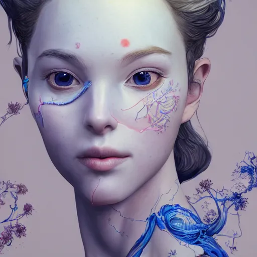 Image similar to the portrait of a blueberry that resembles an absurdly beautiful, graceful, elegant, sophisticated young girl, an ultrafine hyperdetailed illustration by kim jung gi, irakli nadar, intricate linework, bright colors, octopath traveler, final fantasy, unreal engine 5 highly rendered, global illumination, radiant light, detailed and intricate environment