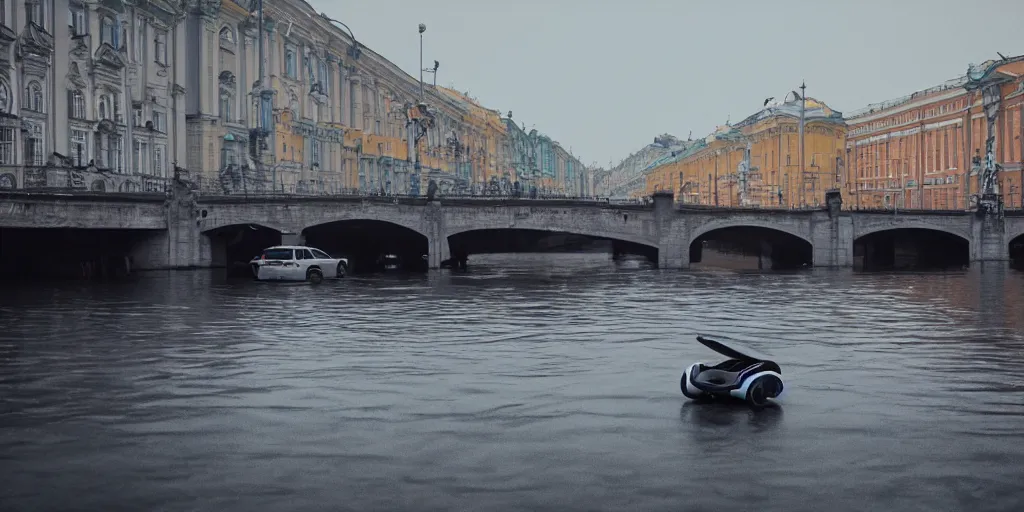 Prompt: cinematic street shot of a floating hoverboarding city saint petersburg city, telephoto, anamorphic cinematography, beautiful composition, color theory, leading lines, photorealistic, moody volumetric lighting