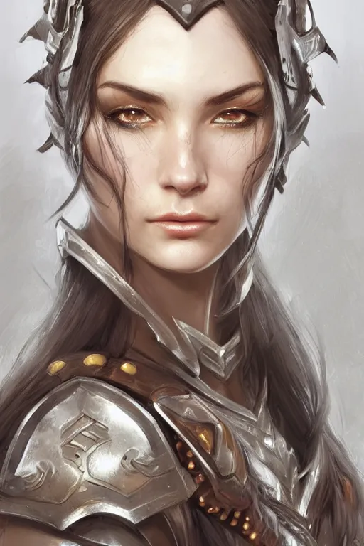 Image similar to a finely detailed portrait of an attractive woman clothed in battle armor, olive skin, long dark hair, beautiful bone structure, symmetrical facial features, intricate, elegant, digital painting, trending on Artstation, concept art, smooth, sharp focus, illustration, from World of Warcraft, by Ruan Jia and Mandy Jurgens and Artgerm and william-adolphe bouguerea, award winning