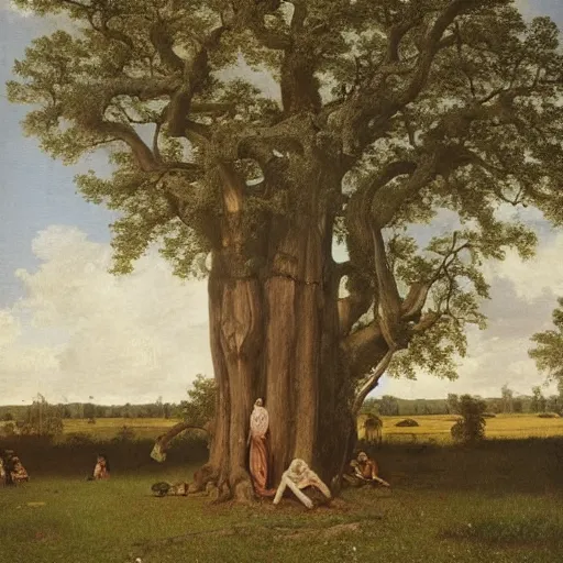 Image similar to huge tree with a lot of hung bodies, southern gothic art, 1 9 th century scene, painted by friedrich caspar david