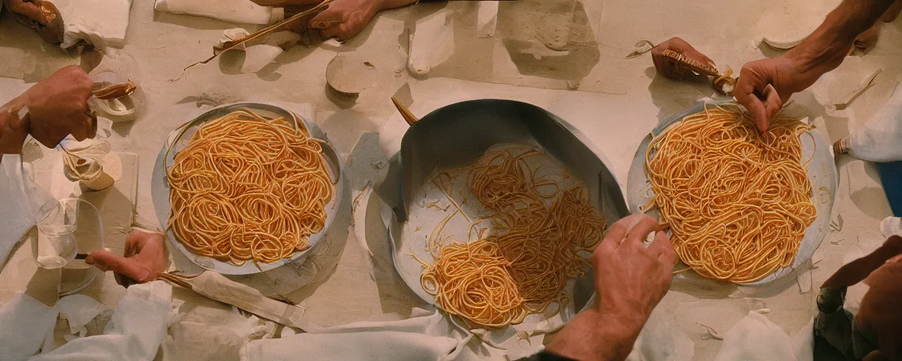 Image similar to the ancient greeks using spaghetti in geometry, canon 5 0 mm, wes anderson film, kodachrome