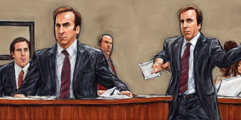 Image similar to saul goodman defending michael scott in acourt, courtroom painting