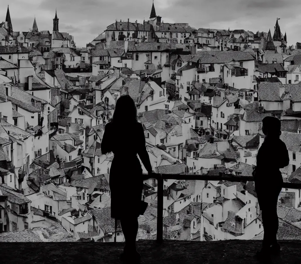 Image similar to the silhouette of a woman drinking coffee, looking out to an old medieval town, over the shoulders shot, cinematic, 4 k, detailed, 3 5 mm film, black and white