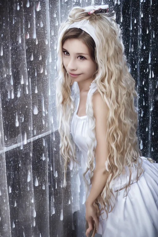 Image similar to a girl in a maid's outfit in the bedroom a night, raining outside the window, wavy white long hair, by rei _ 1 7, detailed eyes, 4 k resolution