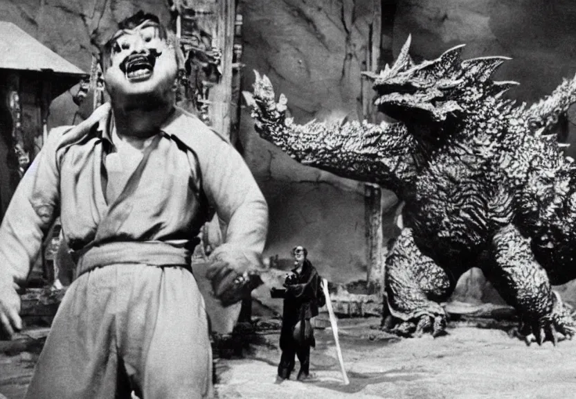 Image similar to a filmstill of pulgasari, kaiju starfish, monster movie, korean film noir, 1 9 5 0 s thriller, kim jong - il, in the style of rashomon and godzilla