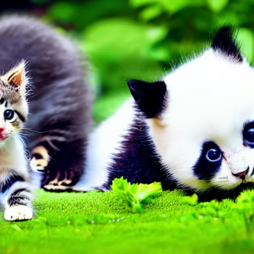 Image similar to cute kitten with panda body and cat face, in the garden in front of a house, highly detailed, sharp focus, photo taken by nikon, 4 k