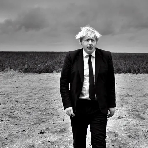 Image similar to Boris Johnson in a desolate wasteland surrounded by horryfying shadow monsters, black and white photo