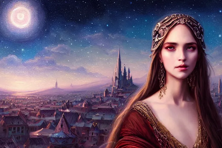 Prompt: masterpiece portrait charming and miracle female luxury astromancer boho accessories in dreamlike movie, high detailed face, art by artgerm, greg rutkowski, sasoura, satchely, big major starry sky and city in background, uhd, medium long shot, fantasy, no distorsion, sharp focus,