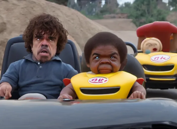 Image similar to peter dinklage racing gary coleman driving a little tikes cars, movie still, from the new fast and furious movie, 8 k, realistic