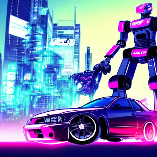 Image similar to detailed wide shot photograph of an anime style mecha robot dinosaur and a nissan skyline r34 cyberpunk, neon