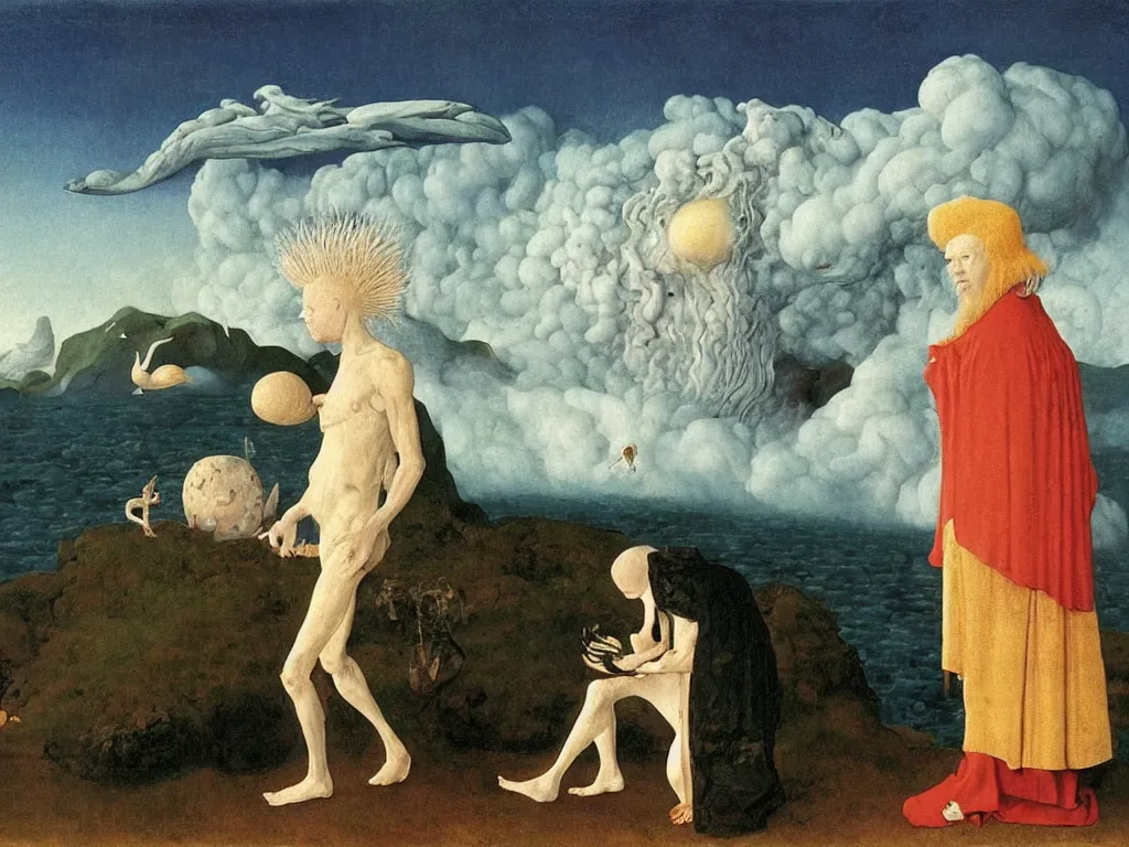 Prompt: albino mystic, with his back turned, with beautiful exotic Urchin looking at a island being engulfed, flooded by a tsunami giant wave. Painting by Jan van Eyck, Audubon, Rene Magritte, Agnes Pelton, Max Ernst, Walton Ford