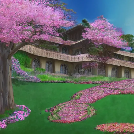 Prompt: a concept art of a villa full of beautifull sakura flowers