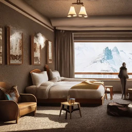 Image similar to cozy little hotel in the snowy mountains, octane render, hyperrealistic, details, cryengine, artstation trending, by greg rutkowsky