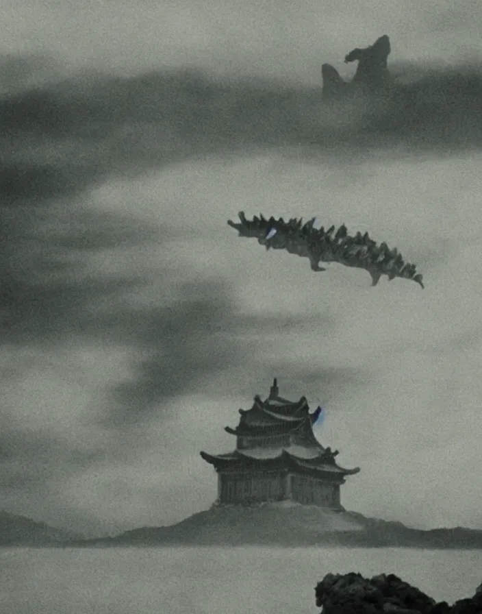 Image similar to a filmstill of a north korean monster movie, kaiju - eiga monster starfish - like trampling a traditional korean palace, foggy, film noir, video compression