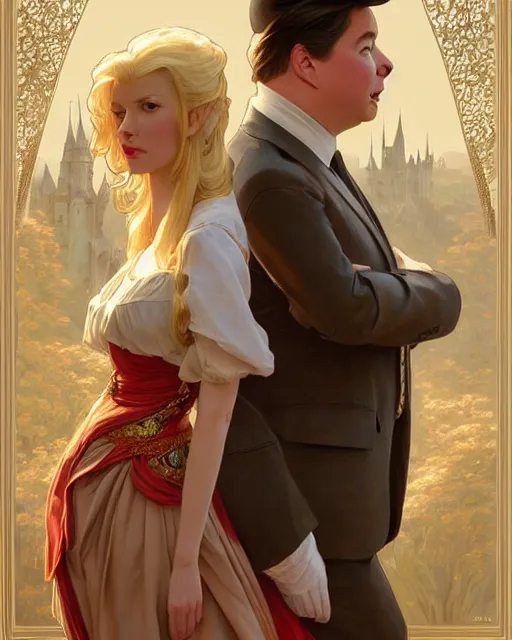 Image similar to Portrait of a  blonde lady and Michael mcintyre in Dogtanian,real life skin, intricate, elegant, highly detailed, artstation, concept art, smooth, sharp focus, art by artgerm and greg rutkowski and alphonse mucha