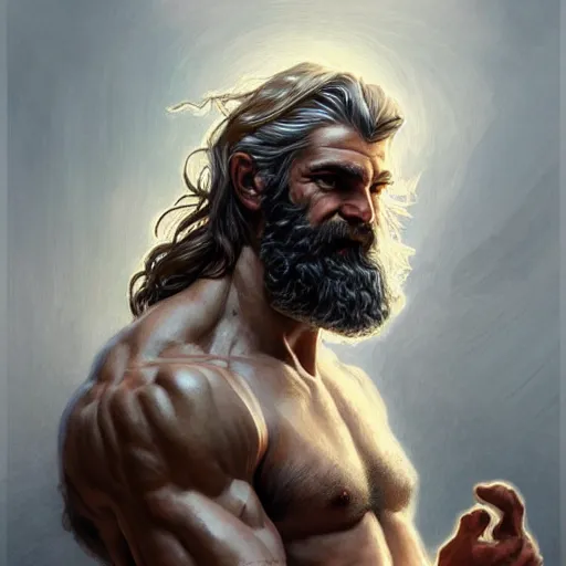 Image similar to portrait of rugged zeus, greek god, salt and pepper hair, soft hair, d & d, muscular, fantasy, intricate, elegant, highly detailed, digital painting, artstation, concept art, smooth, sharp focus, illustration, art by artgerm and greg rutkowski and alphonse mucha