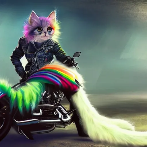 Image similar to wide angle full body, jacket wearing fluffy cute rainbow kitten wearing a black leather motorcycle jacket, riding on a motorcycle, cinematic concept art