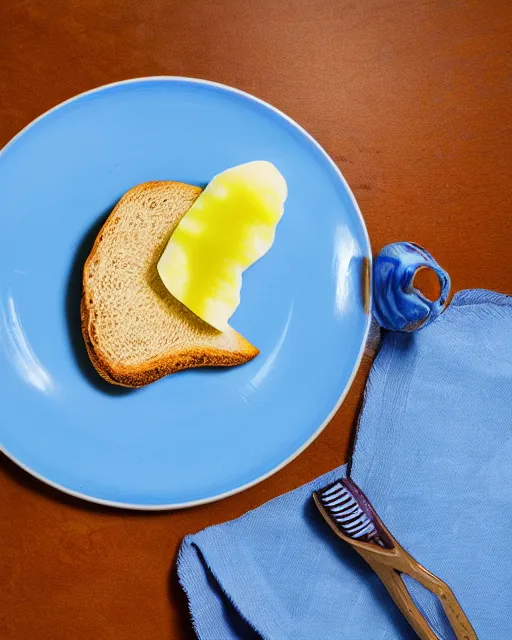 Image similar to food photography of dish consisting of a toast with spreaded blue toothpaste and a toothbrush in a michelin star restaurant,