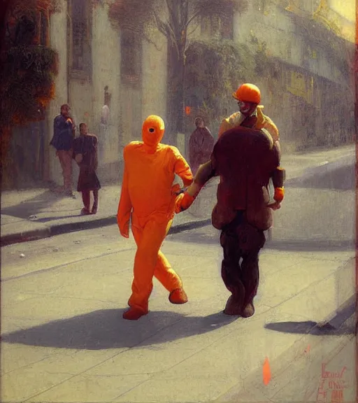 Image similar to : realistic photograph of an orange robot : helping an elderly man cross the street + by Edgar Maxence and Ross Tran