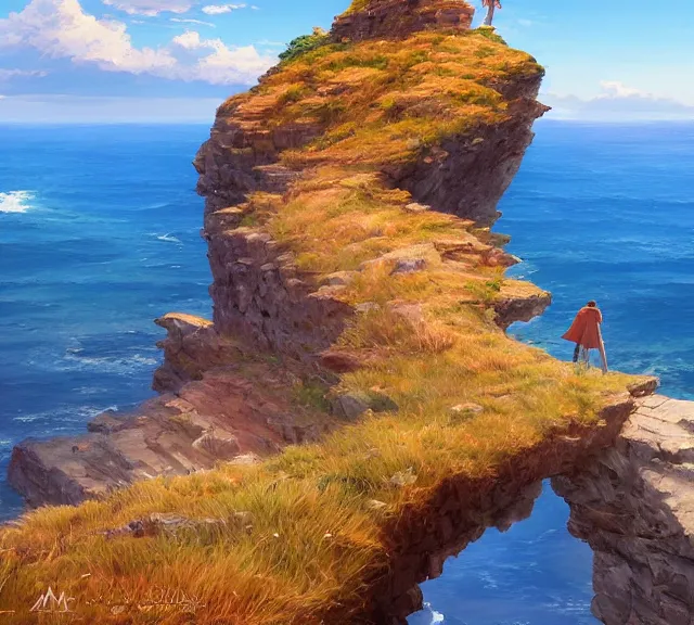 Image similar to a auburn-colored sitting on a cliff overlooking the sea. Atmospheric lighting, sunset, blue sea. By Makoto Shinkai, Stanley Artgerm Lau, WLOP, Rossdraws, James Jean, Andrei Riabovitchev, Marc Simonetti, krenz cushart, Sakimichan, trending on ArtStation, digital art.