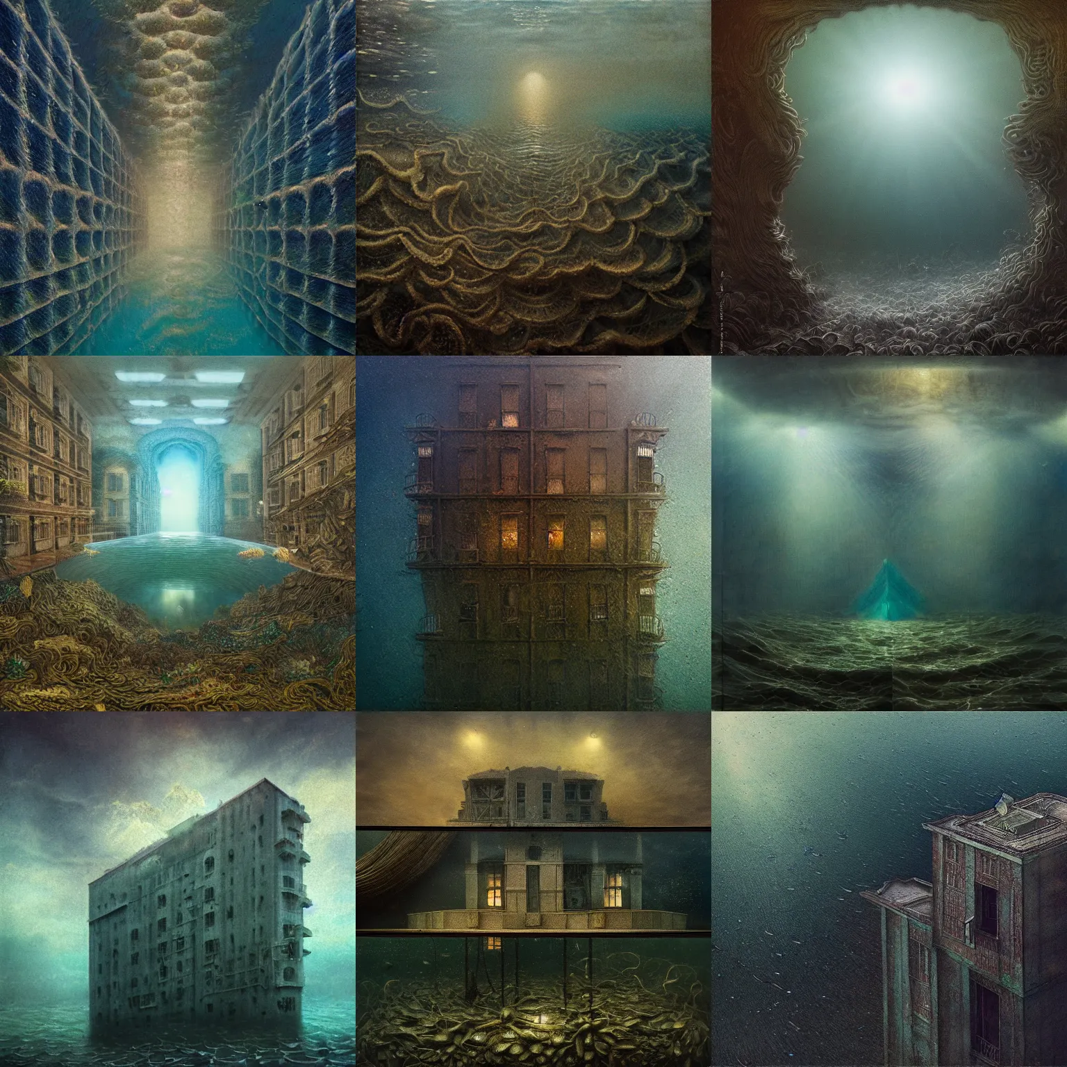 Prompt: detailed by agostino arrivabene, soviet residential panel building underwater, kelp forest, street lights water refraction, rule of thirds, masterpiece 8 k