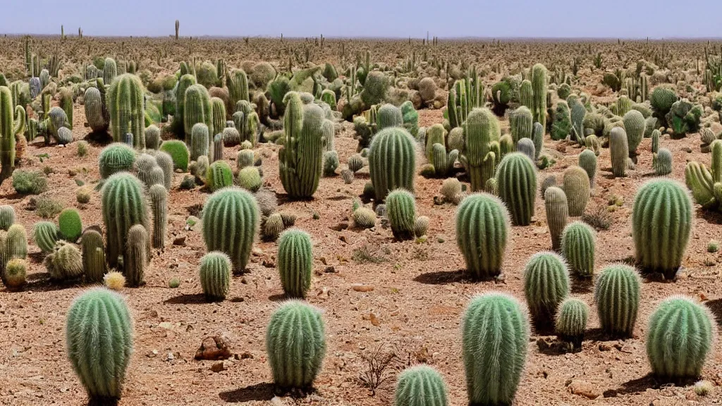 Prompt: A vast desert with large cactuses sprouting up from the ground