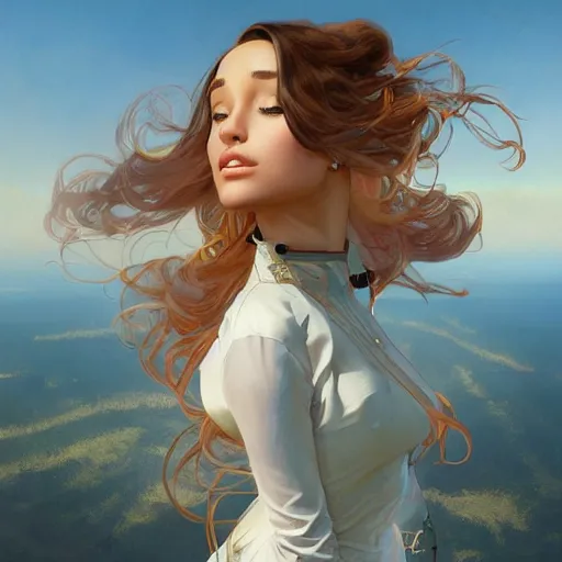 Image similar to beautiful cottagecore Ariana Grande skydiving, wind in the hair intricate, elegant, highly detailed, digital painting, artstation, concept art, smooth, sharp, focus, illustration, art by artgerm and greg rutkowski and alphonse mucha