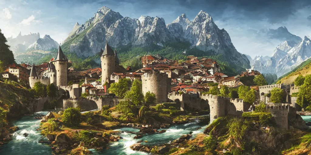 Image similar to medieval walled city nestled in a mountain with small river flowing through it, large castle in a mountain peak in the background, alpine architecture, very beautiful, intricate, majestic, concept art, trending on art station