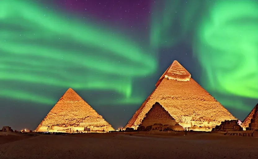 Image similar to The great pyramids with green aurora lights in the sky absolutely stunning