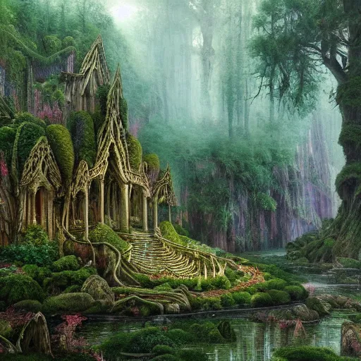 Image similar to a beautiful and highly detailed oil painting of an elven forest temple in the misty mountains, detailed plants and trees and flowers, intricate details, epic scale, insanely complex, 8 k, sharp focus, hyperrealism, fantasy landscape, psychedelic patterns, by caspar friedrich and james gurney,