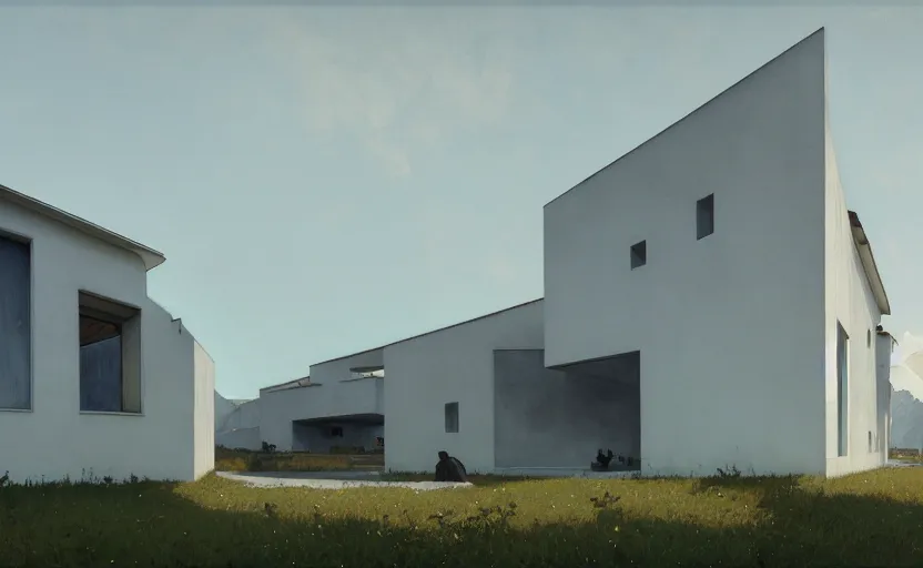 Prompt: painting of a wide angle exterior shot of a white modern architecture with cinematic lighting by peter zumthor and renzo piano, darek zabrocki and greg ruthkowski, alphonse mucha, simon stalenhag and cinematic and blue cold atmospheric, archillect concept art, artstation, trending on artstation