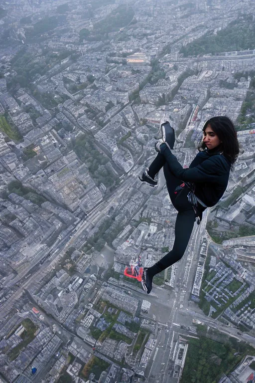 Prompt: hispanic female teen clambing, climber point of view 200m above Paris, at night, downpour, still from Mission Impossible action movie, action scene