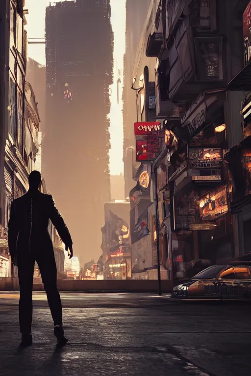 Image similar to in the foreground a Parisian street, in the background a dark-haired man from behind wearing a long matrix style jacket and starting to fly away, realistic, high definition, great detail, dramatic scene, detailed and realistic hands, symmetrical face, realistic eyes, cyberpunk art 2077