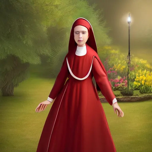 Image similar to young nun with light red long hair standing in a garden, 4k, detailed face, high details, 2D, art, behance