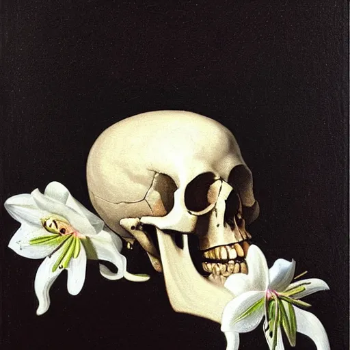 Image similar to a painting of a skull with diamonds in its eyes surrounded by white lilies all in front of a dark shadowy background in the style of a still life painting by francisco de zurbaran