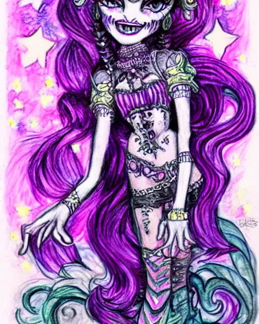 Image similar to josephine wall watercolor pencil drawing of a monster high universe clawdeen wolf fullmoon