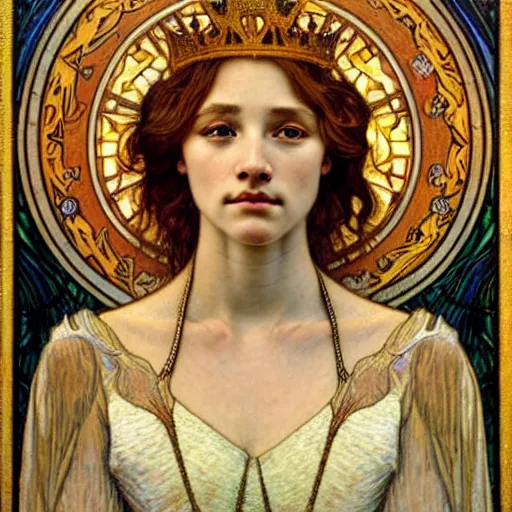 Image similar to detailed realistic beautiful young medieval queen face portrait by jean delville, alphonse mucha, vincent van gogh, and marco mazzoni, art nouveau, symbolist, visionary, gothic, pre - raphaelite
