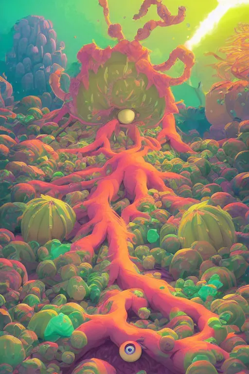 Image similar to roots cactus sushi cristal smurf ghost creature animal sushi cristal very big eye roots cactus elemental flush of force nature micro world fluo fishscale, behance hd by jesper ejsing, by rhads, makoto shinkai and lois van baarle, ilya kuvshinov, rossdraws radiating a glowing aura global illumination ray tracing hdr