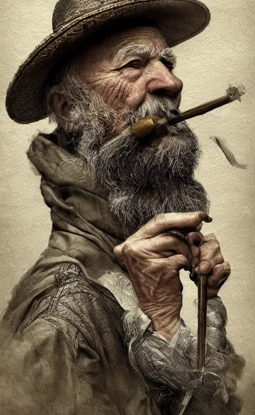 Image similar to old man doing hard work, do what we can, then leave it to god, d & d, non - fiction, intricate, elegant, highly detailed, digital painting, pinterest, concept art, intricate, sharp focus, illustration, art by robin eley, paul lung, samuel silva