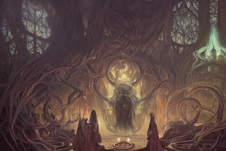 Image similar to a lovecraftian painting of a demonic shrine, occult, cult members, cosmic horror elements, ultra realistic, concept art, intricate details, eerie, highly detailed, photorealistic, octane render, 8 k, unreal engine. art by artgerm and greg rutkowski and alphonse mucha