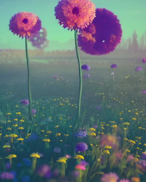 Prompt: beautiful happy landscape, anonymous head, beautiful flowers growing, in the style of beeple and mike winkelmann, intricate, epic lighting, cinematic composition, hyper realistic, 8 k resolution, unreal engine 5, raytracing, reflections, ultraviolet colors