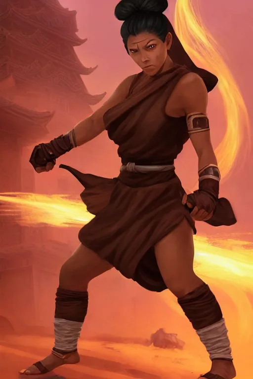 Prompt: Full body Picture of a female monk, fighter, black bandage on arms, marked muscles, brown skin, short pink hair, brown eyes, detailed face, combat stance, black soggy pants, spiritual, epic fantasy, temple in the background, D&D, by artgerm and Craig Mullins, James Jean, Andrey Ryabovichev, Mark Simonetti and Peter Morbacher, matte painting, trending on artstation, artstationHD, artstationHQ, octane, full HD, 16K
