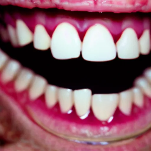 Prompt: hundreds of teeth. fractal teeth. a woman smiling with thousands of teeth. 3 5 mm f / 2. 8, kodachrome, moody lighting.